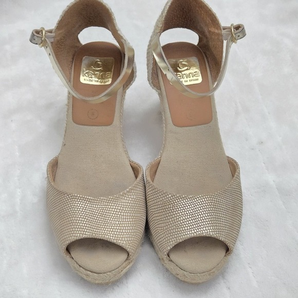 Kanna‎ Espadrille Wedge Sandals Peep Toe Ankle Strap Gold Size 38 - Picture 3 of 10